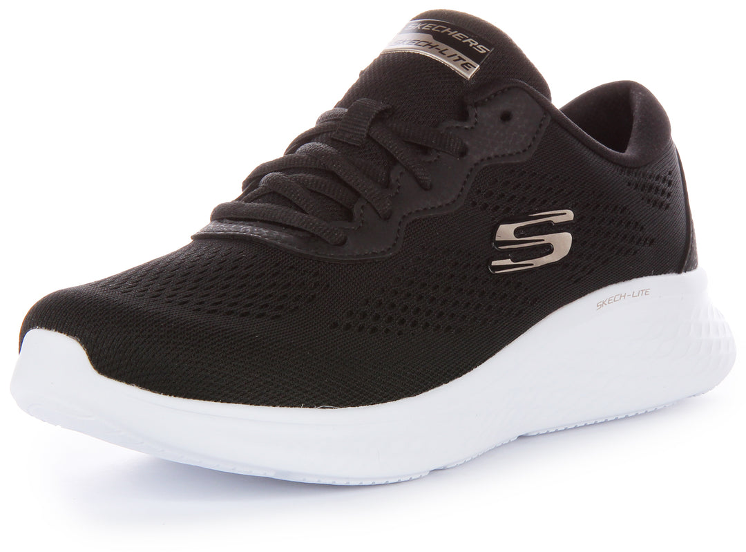 Skechers SkechLite ProPerfect Time Zapatillas con cordones de malla vegana para mujer en negro blanco