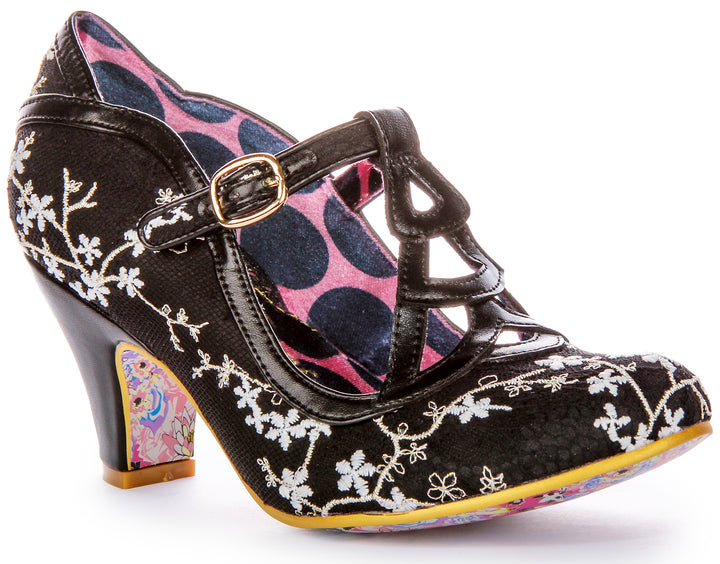 Irregular Choice Nicely Done Ricamo floreale T Bar Sandali con tacco medio in altri tessuti color nero bianco