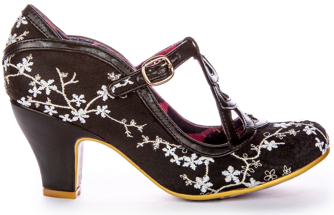 Chaussures à Talons Moyens avec TBarre et Broderie Florale Irregular Choice Nicely Done en Noir Blanc