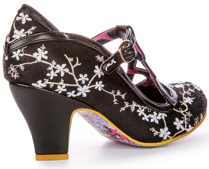 Chaussures à Talons Moyens avec TBarre et Broderie Florale Irregular Choice Nicely Done en Noir Blanc