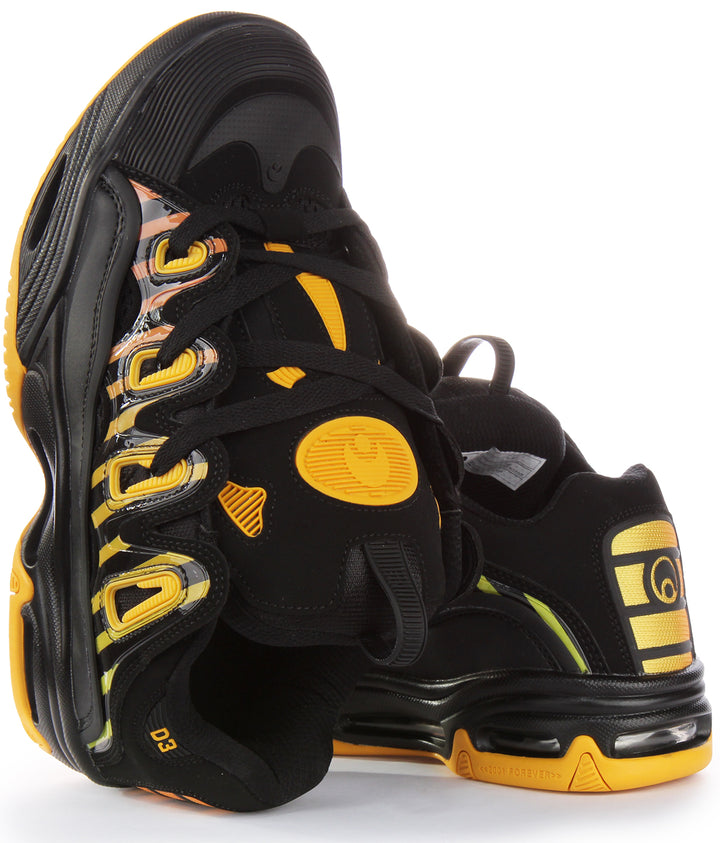 Osiris D3 2001 Zapatillas de deporte de skate con cordones de suela gruesa para hombre en negro amarillo