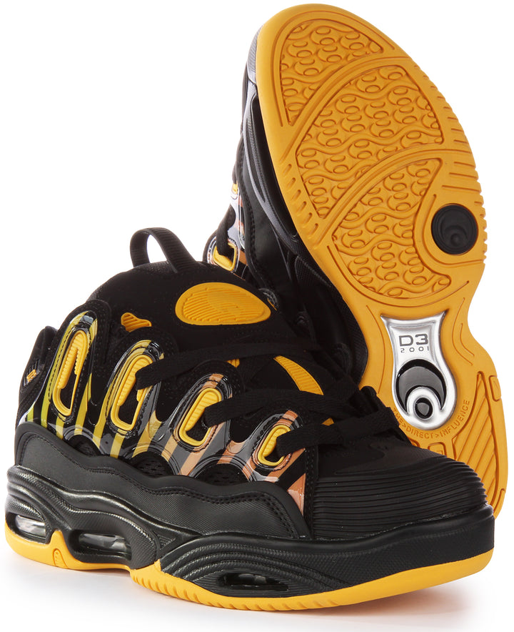 Osiris D3 2001 Zapatillas de deporte de skate con cordones de suela gruesa para hombre en negro amarillo