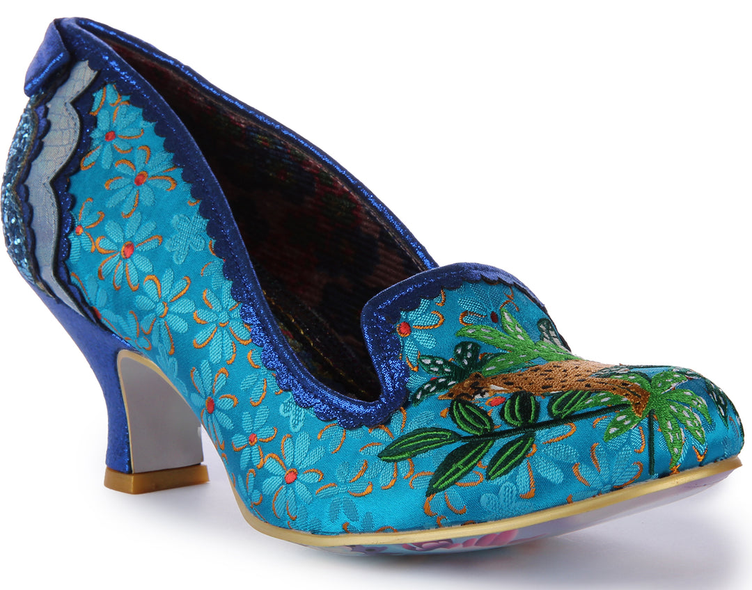 Irregular Choice Charming Cheetah Zapatos de tacón medio para mujer en azul multi