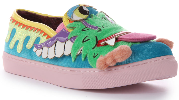 Irregular Choice Slime Time Zapatillas sin cordones con aplique 3D monstruo para mujer en azul multi