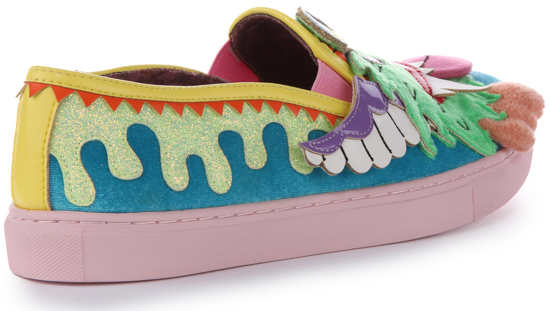 Irregular Choice Slime Time Zapatillas sin cordones con aplique 3D monstruo para mujer en azul multi