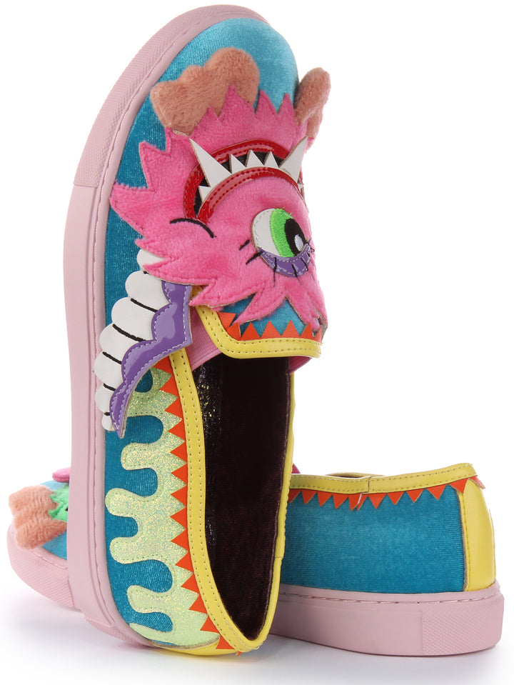 Irregular Choice Slime Time Zapatillas sin cordones con aplique 3D monstruo para mujer en azul multi