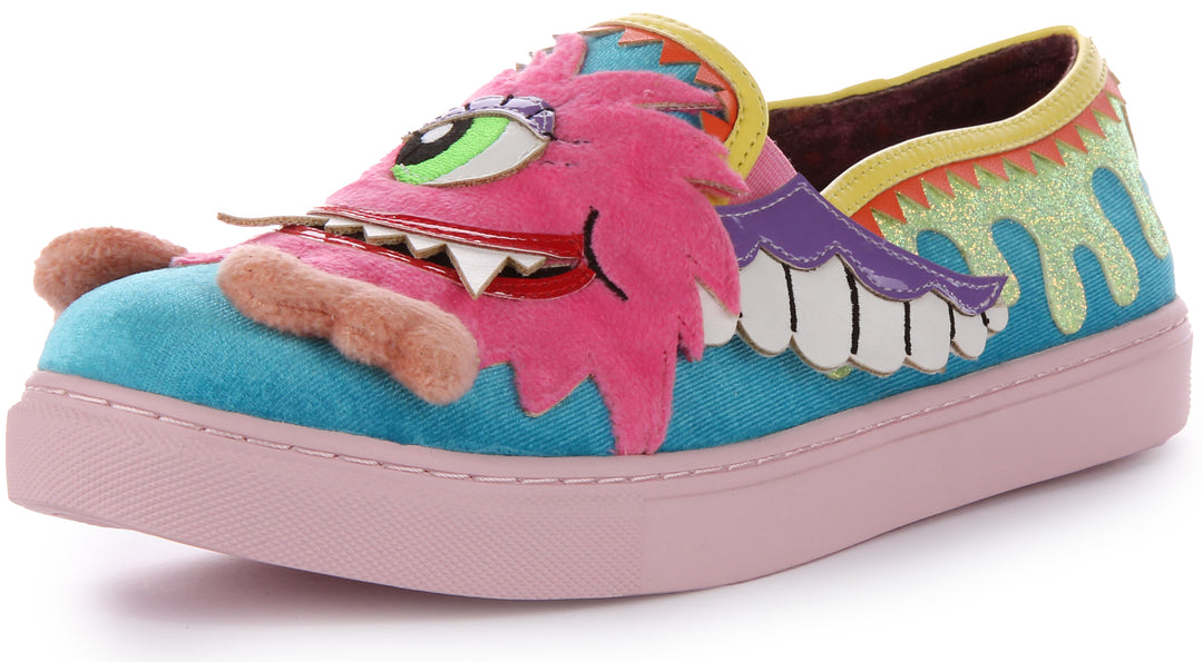 Irregular Choice Slime Time Zapatillas sin cordones con aplique 3D monstruo para mujer en azul multi