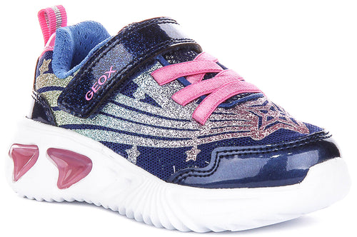 Geox J Assister Light Up Trainers In Blue Pink For Girls
