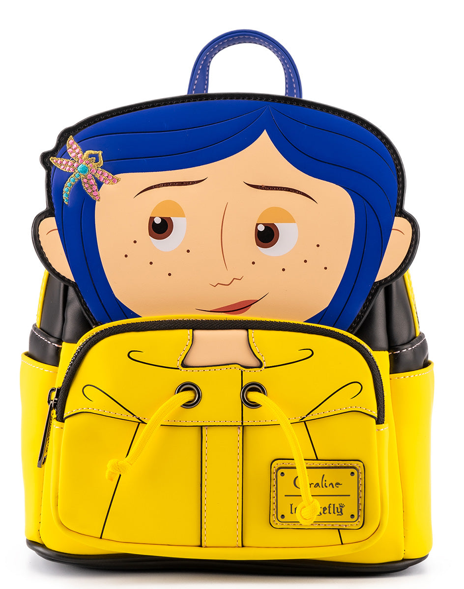 Loungefly Coraline Laika Raincoat Cosplay Mini BackpackIn Blue Yellow