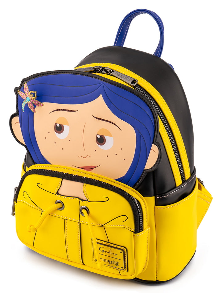 Loungefly Coraline Laika Raincoat Cosplay Mini BackpackIn Blue Yellow