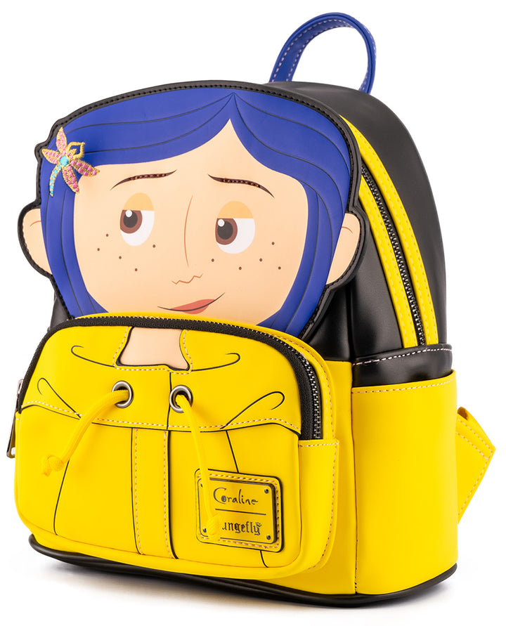 Loungefly Coraline Laika Raincoat Cosplay Mini BackpackIn Blue Yellow