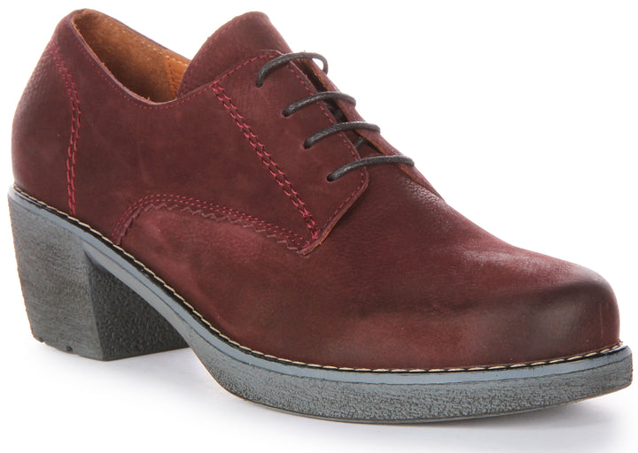 JUSTINREESS Eliza Chaussures Oxford à lacets en daim et cuir à talon moyen pour femmes en bordo