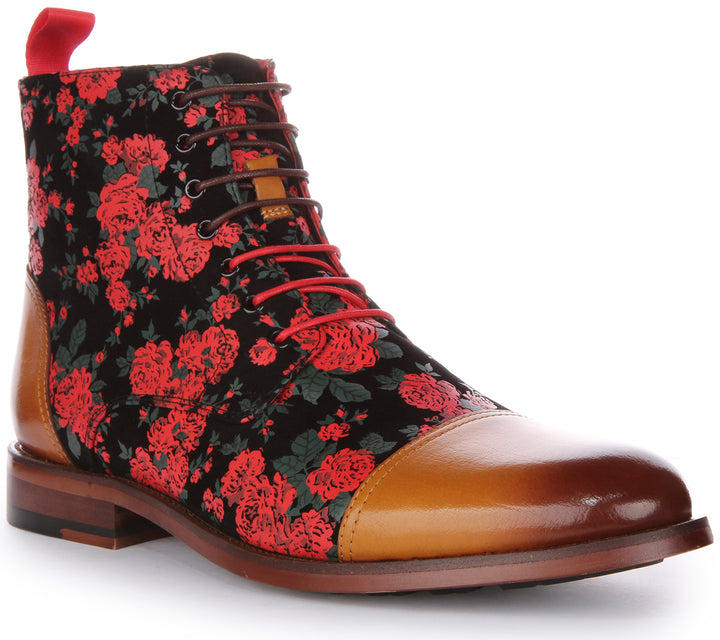 JUST REESS George Herren Schnürung Leder Blumen Druck Stiefelette Braun