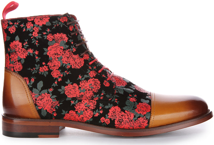 JUST REESS George Herren Schnürung Leder Blumen Druck Stiefelette Braun