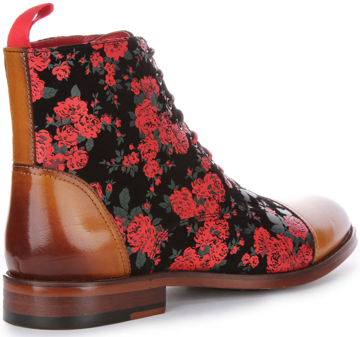 JUST REESS George Herren Schnürung Leder Blumen Druck Stiefelette Braun