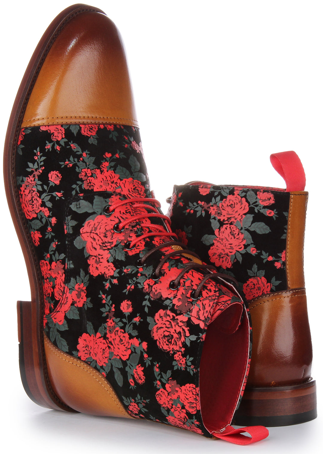 JUST REESS George Herren Schnürung Leder Blumen Druck Stiefelette Braun