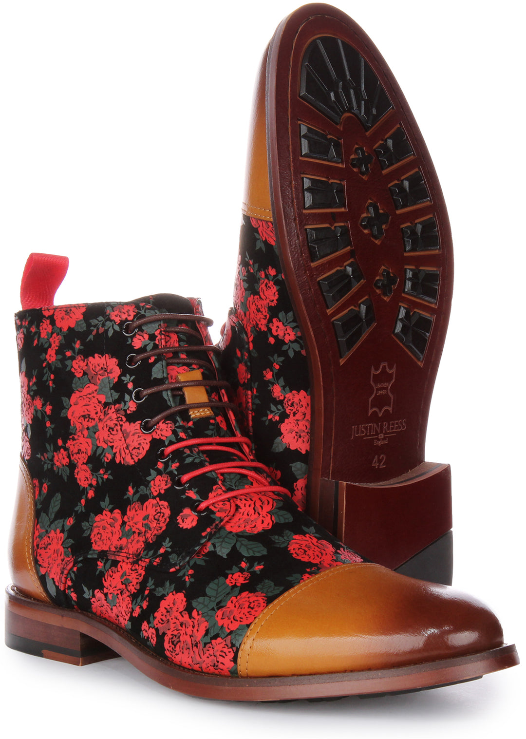 JUST REESS George Herren Schnürung Leder Blumen Druck Stiefelette Braun