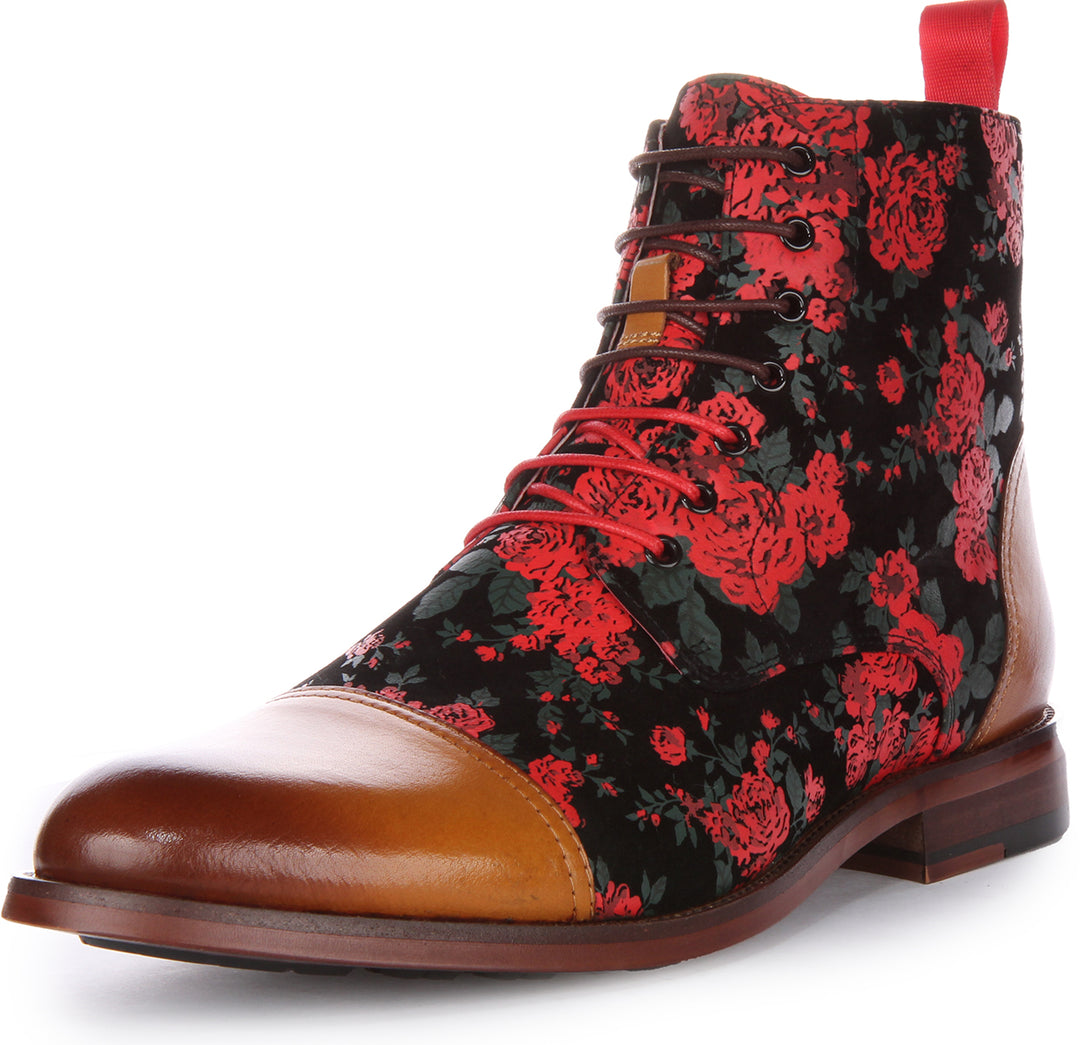 JUSTINREESS George Stivaletto stringato in pelle con stampa floreale da uomo in marrone