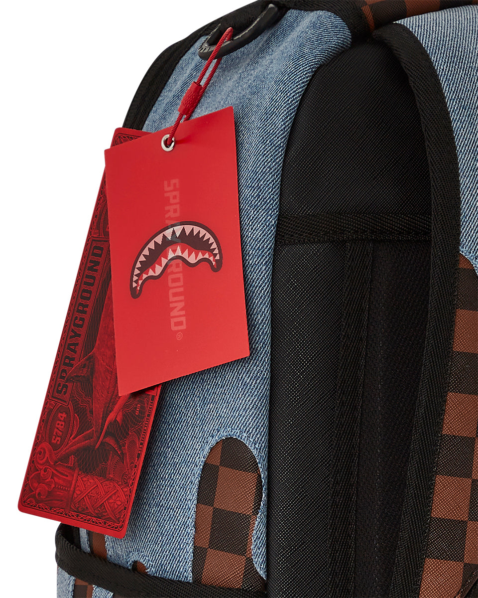 Sprayground Denim Drip DLSXV Shark In Paris Backpack In Brown