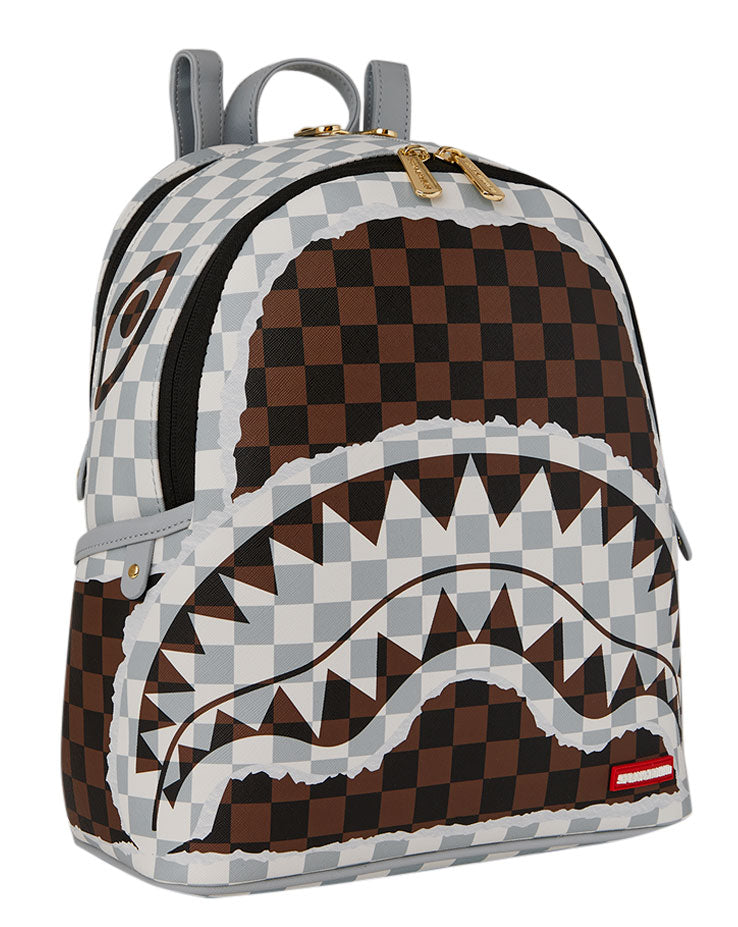 Sprayground Cream and Brown Tear Check Backpack
