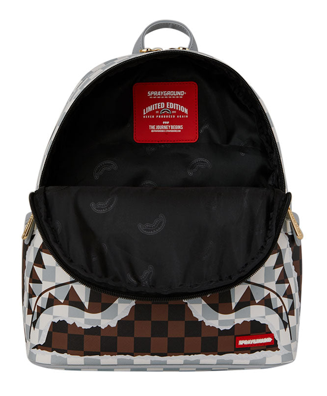 Sprayground Cream and Brown Tear Check Backpack