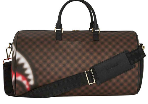 Sprayground Shark In Paris Blur Duffle In Brown Black