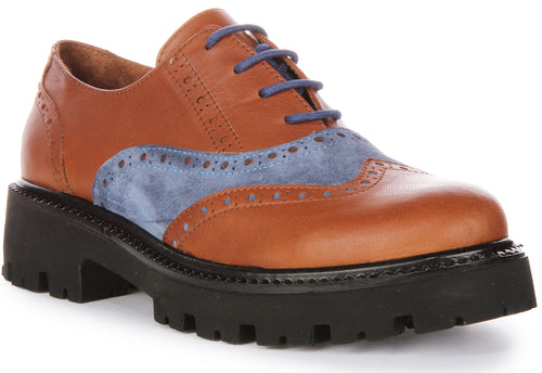 JUSTINREESS Millie Chaussures Oxford en cuir à lacets pour femmes en brun bleu