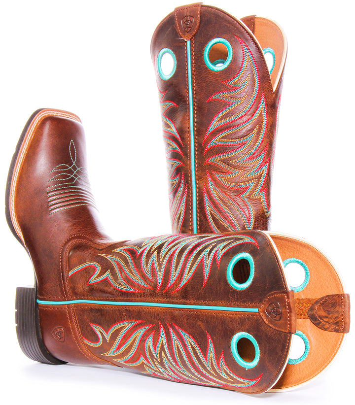 Ariat Stivali western da donna Round Up Ryder Pull Holes 4LR Tech in marrone e blu