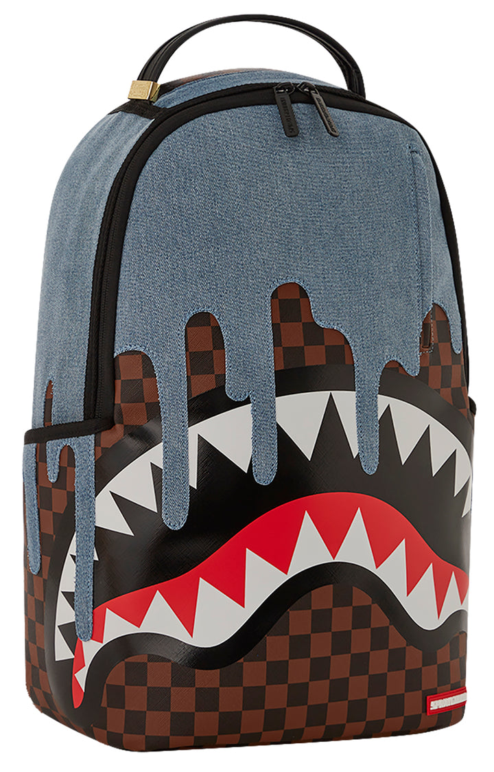 Sprayground Denim Drip DLSXV Shark In Paris Backpack In Brown