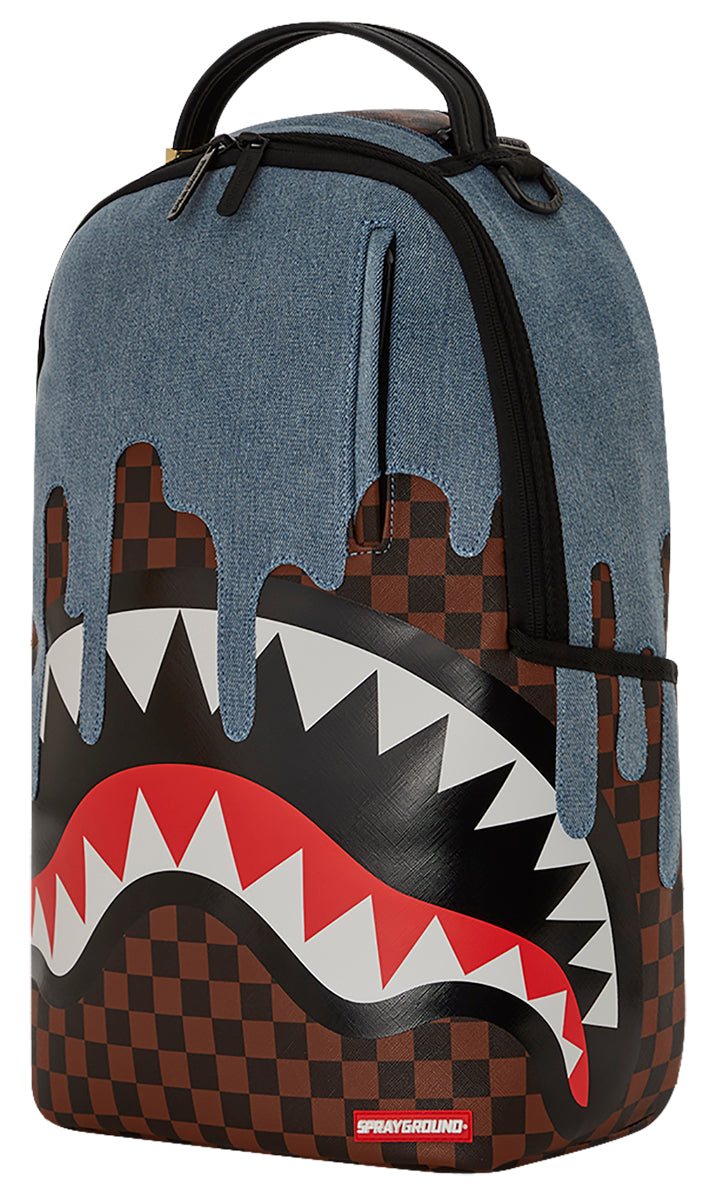 Sprayground Denim Drip DLSXV Shark In Paris Backpack In Brown