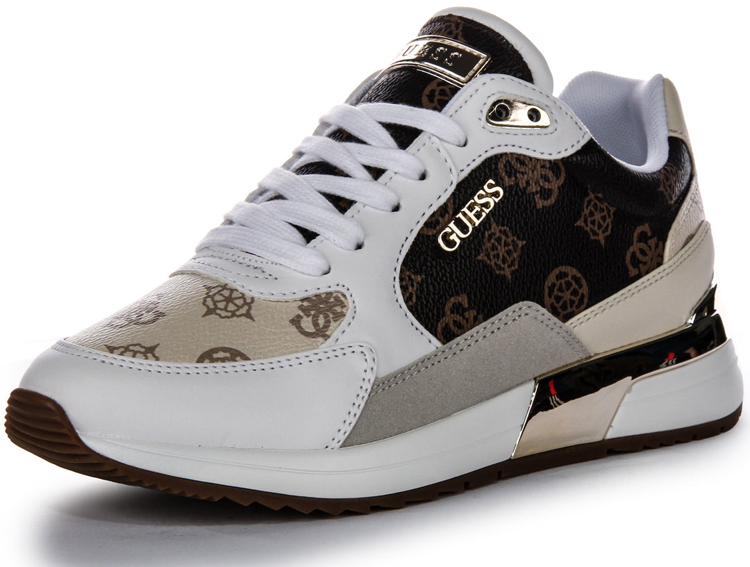 Guess Moxea10 Pfingstrosen Logo Fersenplatten Damen Kunstleder Trainer In Braun Multi