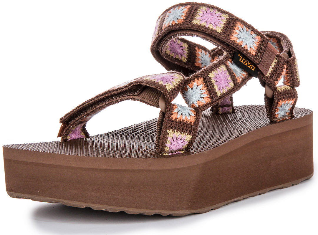 Teva Flatform Universal Crochet In Brown Pink Women Sandals