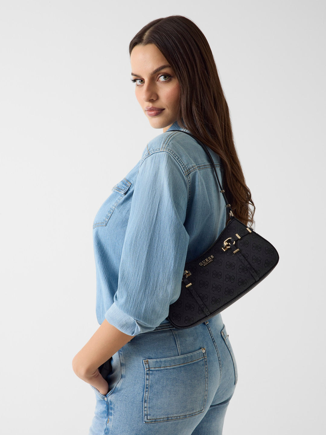 Guess Leona Logo Shoulder Bag In Coal For Women