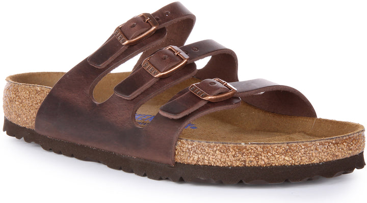 Birkenstock Florida Sandale en cuir huilé à trois lanières poure en brun foncé