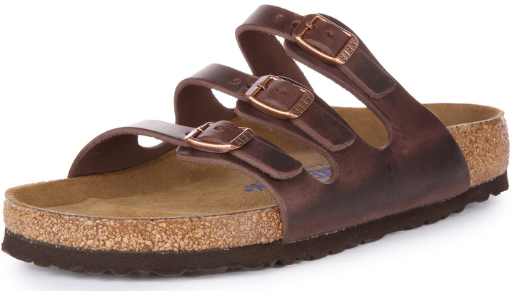 Birkenstock Florida Drei Riemen Geölte Leder Sandale Dunkelbraun