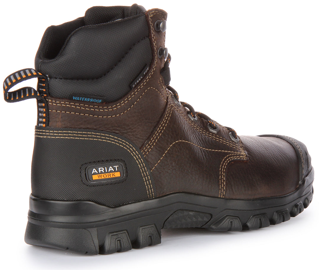 Ariat Treadfast 6" Bottes de travail à lacets en cuir imperméable et à bouts en acier pour hommes en brun foncé