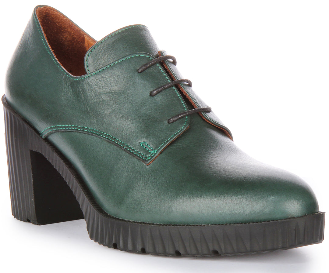 JUSTINREESS Eden Zapatos Oxford de tacón medio de piel con cordones para mujer en verde