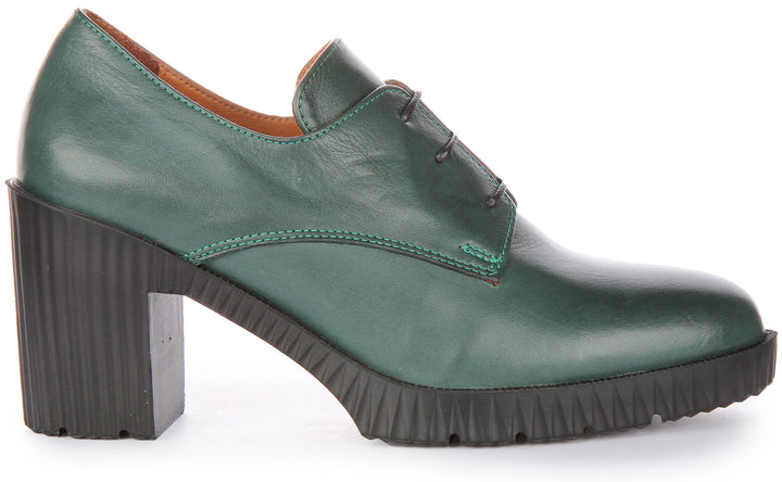 JUSTINREESS Eden Chaussures Oxford en cuir à talon moyen à lacets pour femmes en vert