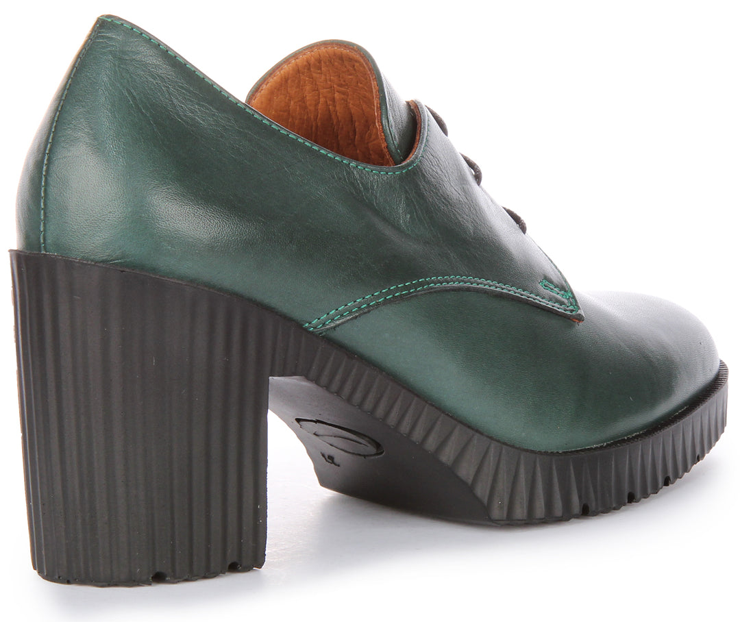 JUSTINREESS Eden Zapatos Oxford de tacón medio de piel con cordones para mujer en verde