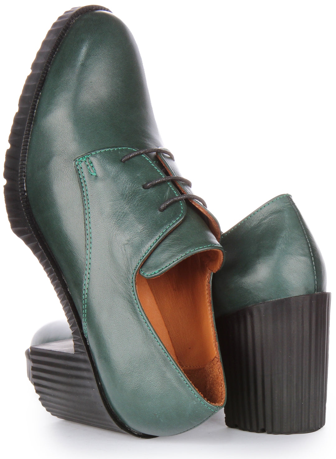 JUSTINREESS Eden Chaussures Oxford en cuir à talon moyen à lacets pour femmes en vert