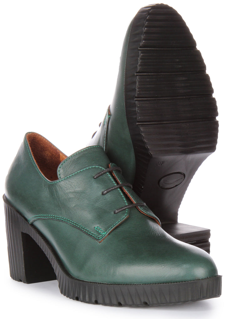 JUSTINREESS Eden Zapatos Oxford de tacón medio de piel con cordones para mujer en verde