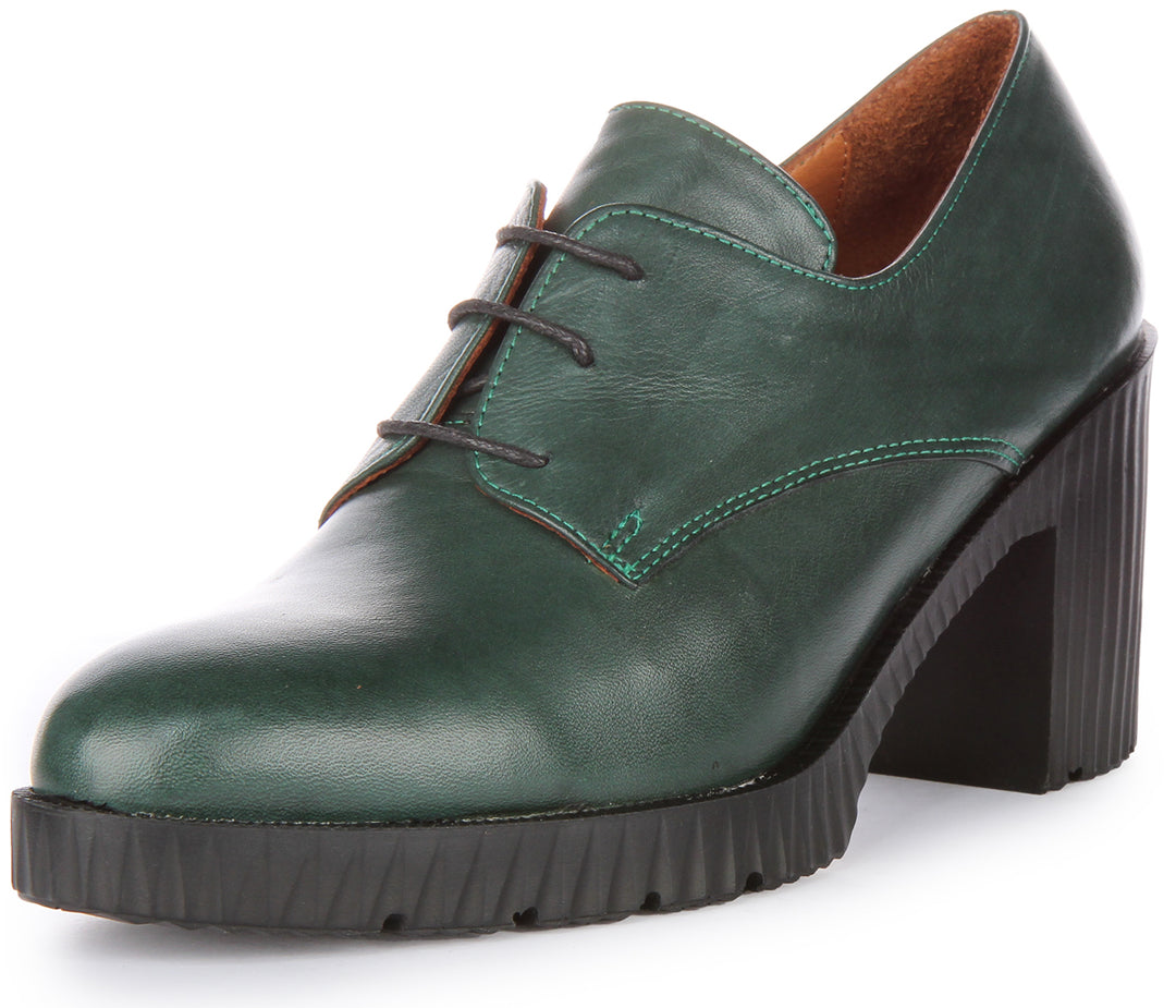 JUSTINREESS Eden Chaussures Oxford en cuir à talon moyen à lacets pour femmes en vert