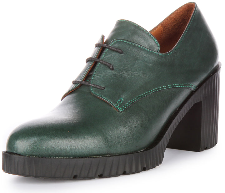 JUSTINREESS Eden Zapatos Oxford de tacón medio de piel con cordones para mujer en verde