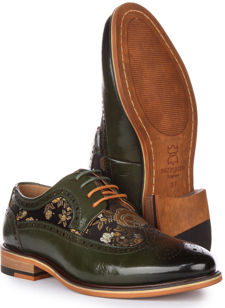 JUSTINREESS Ross W Zapatos de cordón de cuero con flores para mujer en verde