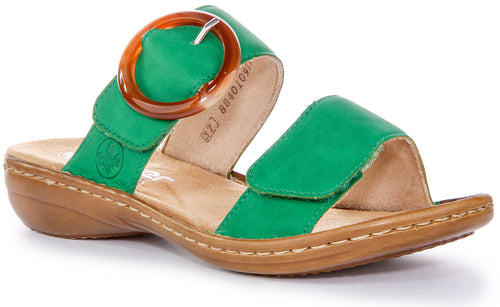 Sandales en cuir pour femmes Rieker Chic Faux Buckle Antistress en vert