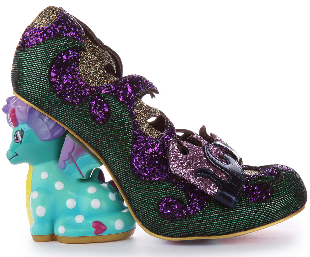 Irregular Choice Dragons Lair Zapatos de tacón alto dragón de 10 cm para mujer en verde multi