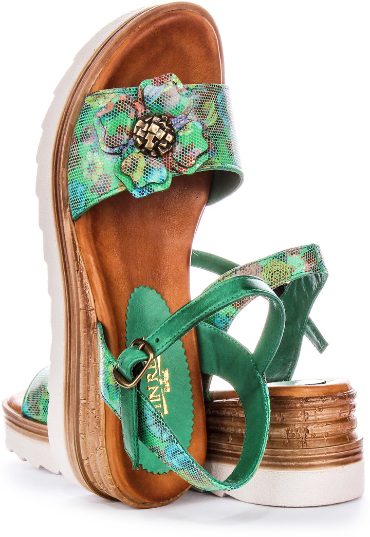 Sandales en cuir pour femme Justinreess  Talon bas floral en vert multicolore