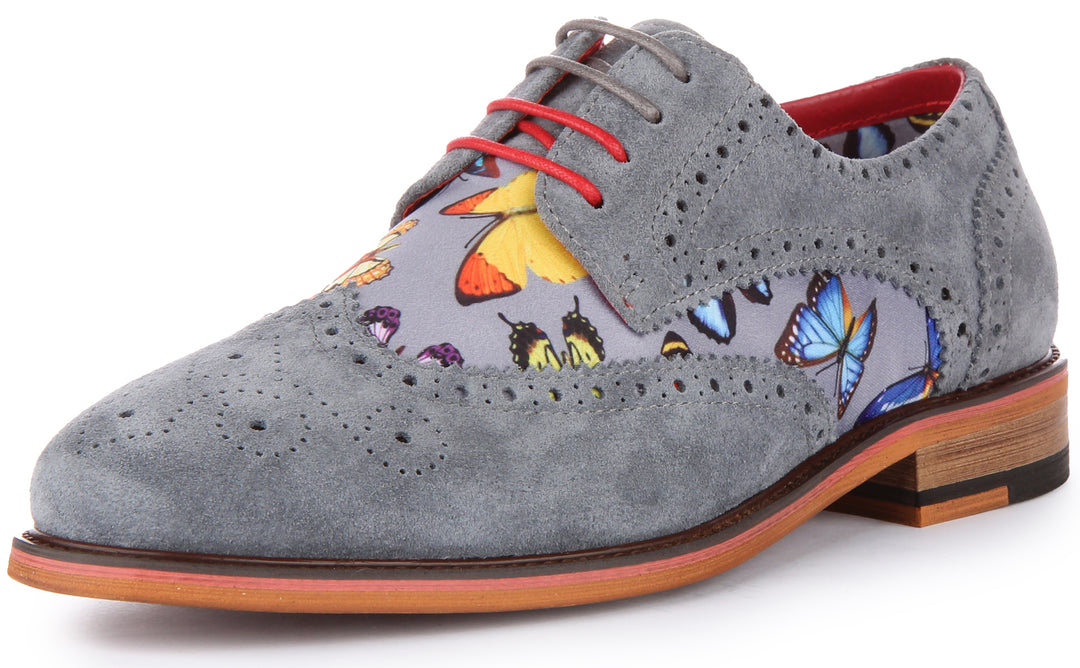 JUSTINREESS Julius W Zapatos con cordones de charol con estampado de mariposa para mujer en gris
