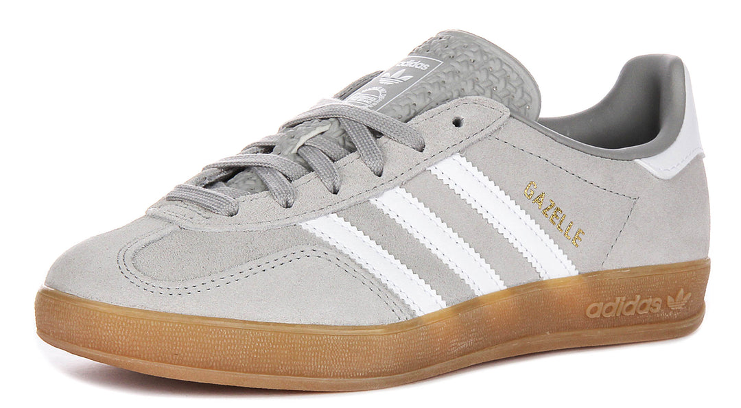 Adidas Gazelle Indoor In Light Grey White Gum Sole | Lace up Trainers 4feetshoes Adidas Gazelle Indoor In Light Grey White Gum Sole | Lace up Trainers 4feetshoes