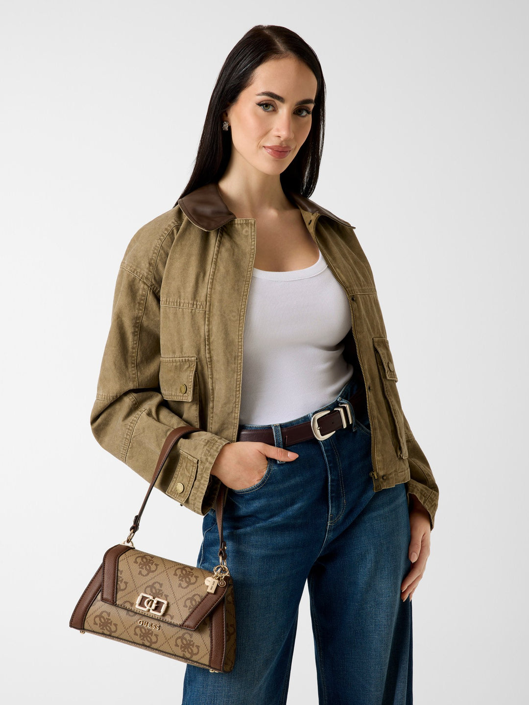 Guess Karnilla Logo Shoulder Bag In Lattee For Women